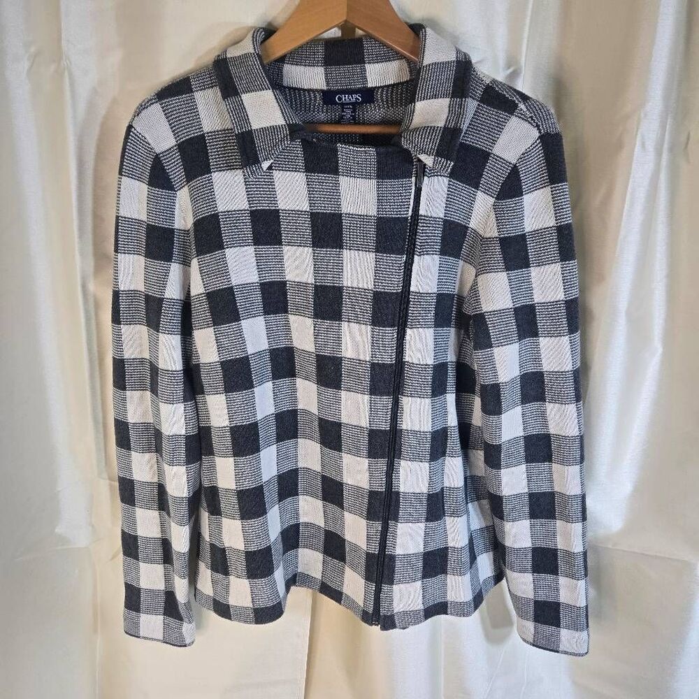 Chaps Zip Up sweater black and white checked flannel pattern  women's large